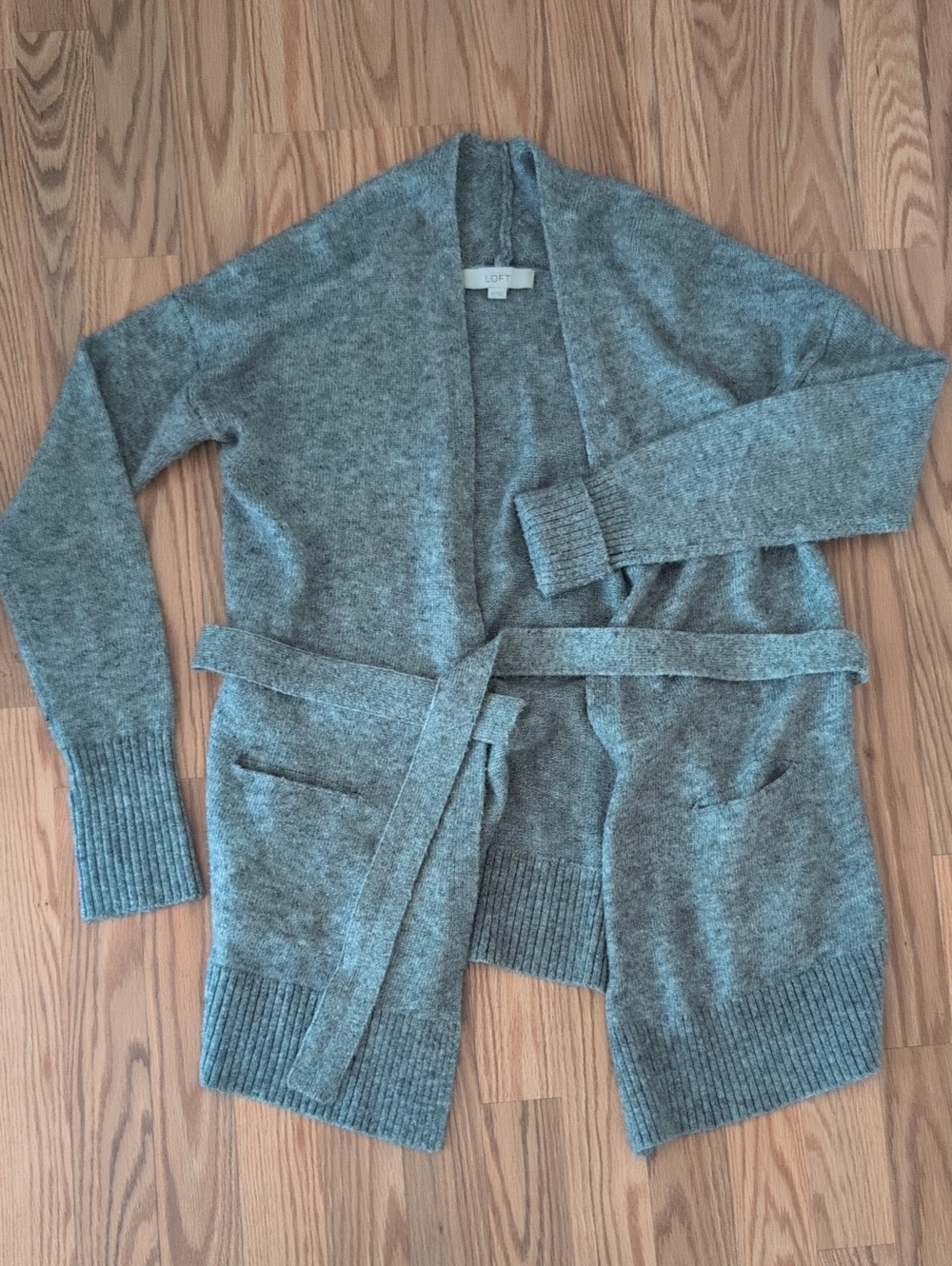 LOFT Heather Gray Drape Belted Cardigan
